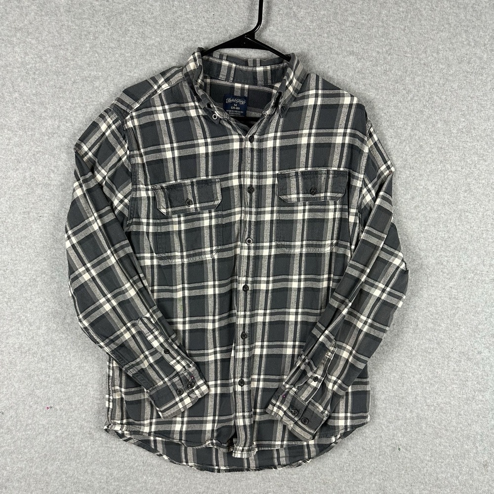 VTG Faded Glory Flannel Shirt Mens Med 38 Black Gray Plaid Long Sleeve
